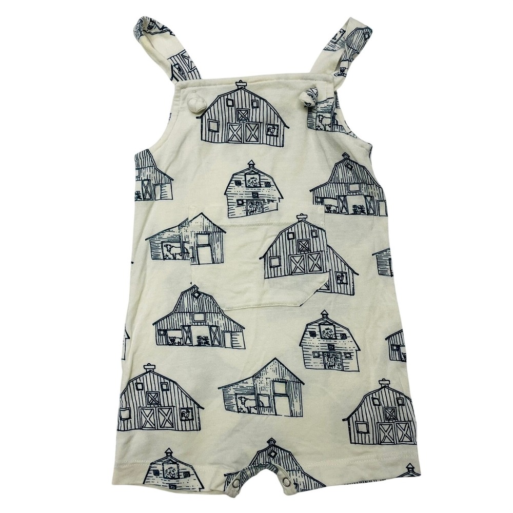 Kate Quinn Romper Cream Barn Print Sleeveless Modal Henley Baby 6-12M Farmcore